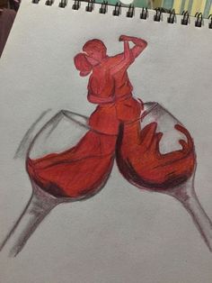 a drawing of two people sitting on top of a wine glass next to each other