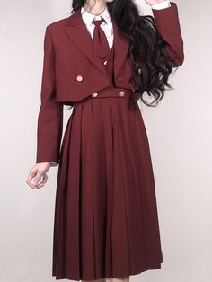 A set in which the ribbon on the chest shines in a red-colored style. The high-class jumper skirt and jacket are reminiscent of the daughter of a count who attends a prestigious school. The red-dyed ribbon creates a lovely atmosphere, and you will fall in love with its appearance.     <item>     Jumper skirt: Skirt length 60cm (S size, M size, L size, XL size)   Jumper skirt: Skirt length 65cm (S size, M size, L size, XL size)   Jumper skirt: Skirt length 70cm (S size, M size, L size, XL size Vintage Cottagecore Outfits, Jacket Embroidery, Women Wearing Ties, Hair Brooch, Jacket Blouse, Skirt And Jacket, Blazer And Skirt Set, Jumper Skirt, Blazer And Skirt