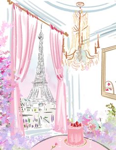 a drawing of the eiffel tower is shown in pink and purple colors with flowers around it