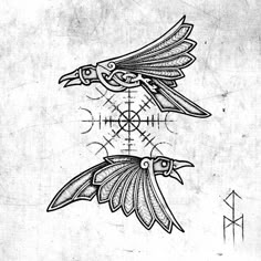 two birds flying over each other on top of a white paper background with an arrow and cross in the middle