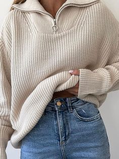 Women's Fashion Versatile Loose Lapel Half Zip Pullover Sweaters Oversized Half-zip Winter Sweater, Oversized Half-zip Sweater, Oversized Cozy Half-zip Sweater, Trendy Half-zip Spring Sweater, Beige Half-zip Sweater, Trendy Half-zip Sweater For Spring, Casual Half-zip Fall Sweater, Beige Half-zip Sweater For Winter, Beige Half-zip Winter Sweater