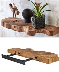 a wooden shelf with two birds on it and a potted plant next to it