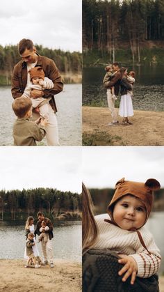 a collage of photos shows a man holding a baby and two women standing next to each other