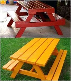 two different colored picnic tables sitting in the grass next to each other, one red and one yellow