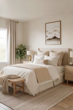 Plain Guest Bedroom, Spare Bedroom Ideas Colour, Peaceful Guest Bedroom, Secondary Bedroom Ideas, Beige Guest Room, Guest Room Decor Ideas Cozy, One Bedroom Airbnb Ideas, Spa Guest Bedroom, Cozy Room Makeover