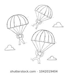 two hot air balloons flying in the sky with one being pulled by a parachute and another is