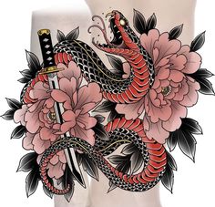 a woman's leg with flowers and a snake on it