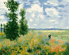 a painting of a person in a field with trees and flowers on the other side