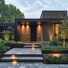 House With Bricks Design, Modern Home Entrance Exterior, Front House Inspiration, Modern Front House Landscaping, Yard Landscaping Front Of House, Modern Front Landscaping Ideas, Modern Brick Exterior House, Modern Landscape Design Front Yard Entrance, Modern Front Landscaping