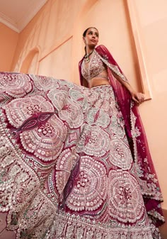 A deep sangria tone beautifully ornate with zardozi, french knots, multi-colour applique and dori embroidery with a revealing back blouse pattern set to amp up your style standards. Indian Dress, Mehendi Outfits, Lehnga Dress, Indian Dresses Traditional, Traditional Indian Outfits