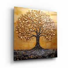 a painting on canvas of a tree with gold leaves in the shape of a heart