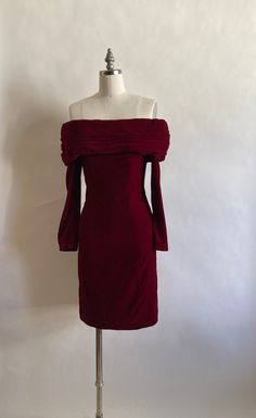 "1980s rich cherry red velvet off the shoulder long sleeve wiggle dress by ZumZum.  Dress zips up in the back and finishes with a hook and eye closure. Bodice is lined in acetate; skirt and sleeves are not lined. In excellent condition. 69% acetate 16% rayon 15% nylon Shoulder to shoulder 19\" across Chest 34\" Waist 26.5\" Hips 34\" Length from top of shoulder to hem 34\" Arm length from armpit to cuff 17\"" Red Party Dress Short, Masquerade Ball Outfit, Red Lace Long Sleeve Dress, Cherry Red Dress, Dress Png, Birthday Things, Dark Red Dresses, Red Dress Long, Red Long Sleeve Dress