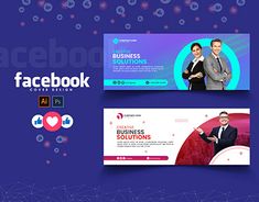 two facebook cover designs, one with a woman in business attire and the other with a man