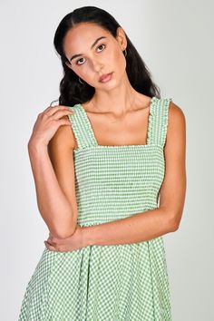 Green and white gingham ruched bodice dress Spring Smocked Ruched Dress With Square Neck, Spring Smocked Dress With Ruched Square Neck, Spring Square Neck Smocked Dress With Ruched Detail, Casual Smocked Dress With Ruched Bodice And Square Neck, Ruched Midi Dress With Ruffled Straps, Chic Square Neck Dress For Picnic, Fitted Gingham Ruched Dress, Picnic Plaid Midi Dress With Ruffles, Daywear Smocked Dress With Ruched Ruffled Straps