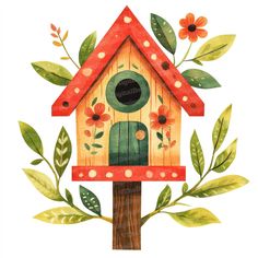 a watercolor painting of a birdhouse with flowers and leaves around it on a white background