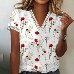 Fashion Women's V-Neck Short Sleeve Print Casual T- Shirt Blouse Tops Features: 1.Features: Casual Tops,Casual Shirt,V-Neck,Fashion Tee,Short Sleeve,Pullover Shirt ,Casual tops, Casual Wear,Stylish and fashion design,Summer casual Blouse. 2.Material:Polyester,Made from high quality fabric, lightweight soft and comfortable. 3.The Shirt makes it more and attractive to wear. 4.Occasion: Casual,Daliy,Birthday,Dating, Fall,Dance Performance,Party, Wedding, For work, At home Vacationand more. Suit for Lace Trim Shorts, Party Kleidung, Shirts Women Fashion, Shirt Blouses Tops, Loose Outfit, Floral Short, Loose Shorts, Lace Sleeves, Cotton Style