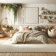 a bedroom with lots of plants hanging on the wall and a bed in the middle