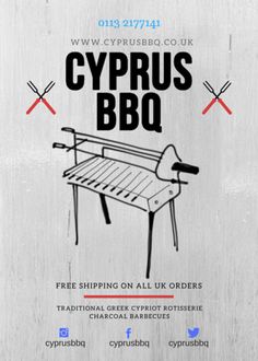 the flyer for cyprus bbq with an image of a bench and two crossed swords