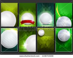 four different golf balls with red ribbon on green and black background, set of six images