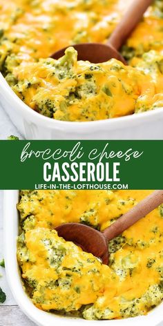 broccoli cheese casserole in a white dish with a wooden spoon on the side