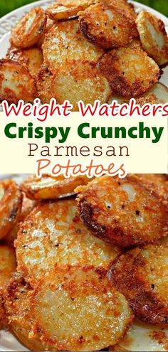 crispy crunchy parmesan potatoes on a white plate with the words weight watchers crispy crunchy parmesan potatoes