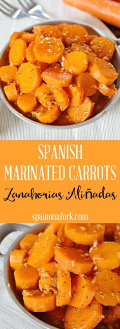 spanish marinated carrots in a pan with text overlay