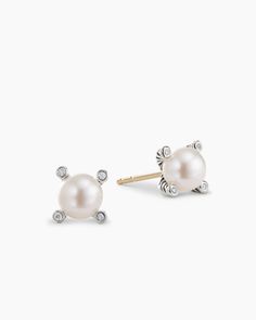 Pearl Stud Earrings in Sterling Silver with Pearls and Diamonds, 7.4mm Refined Sterling Silver Earrings For Gift, Timeless Sterling Silver Pearl Earrings With Diamond Accents, Classic White Diamond Single Earring, Classic White Single Diamond Earring, David Yurman Earrings, Womens Earrings Studs, Pearl And Diamond Earrings, Rare Gemstones, Freshwater Cultured Pearls