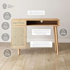 an image of a wooden desk with information about it's features and measurementss