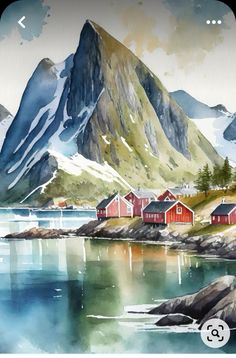 a painting of some mountains and houses by the water