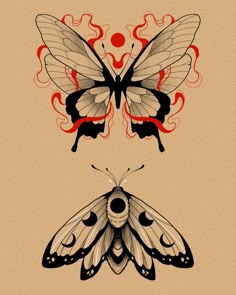 two butterflies with red and black designs on them