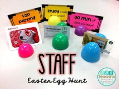 an easter egg hunt with cards and other items on the table for children to play