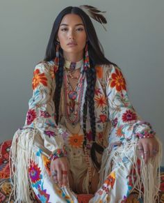 a woman sitting on top of a bed wearing native clothing and feathers in her hair