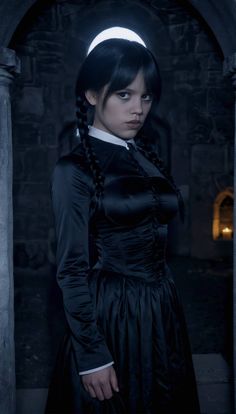 a woman in a black dress with braids on her head and an evil look