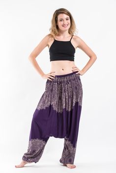 Floral Mandalas Low Cut Women's Harem Pants in Purple Bowknot Blouse, Plus Size Harem Pants, Yoga Harem Pants, Hula Hooping, Boho Yoga, Harem Pant, Harem Pants Women, Lantern Sleeves, Over 60