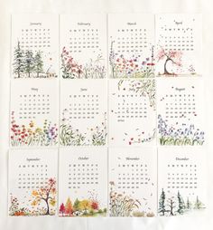 six calendars with trees and flowers on them