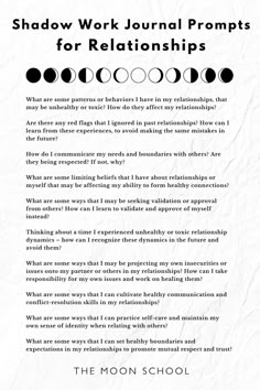 the moon school poster with text that reads, shadow work journal prompts for relationships