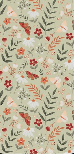 a floral pattern with red, white and green flowers on a light green background for wallpaper