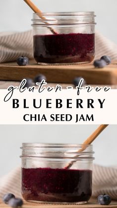 two jars filled with blueberry chia seed jam on top of a wooden tray