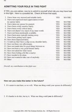 How to admit your role in a fight. Gottman LOVE TIPS....and simply required for a healthy relationship. Couples Therapy Worksheets, Relationship Worksheets, Counseling Worksheets, Relationship Work, Family Counseling, Counseling Activities