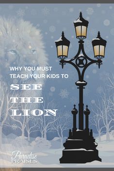 an image of a street light with the words see the lion on it's side