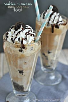 two glasses filled with ice cream and chocolate