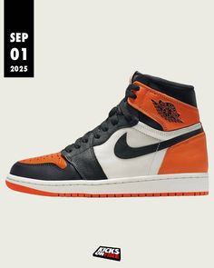 an orange and black sneaker with the words air jordan on it