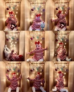 several pictures of a baby dressed in christmas clothes