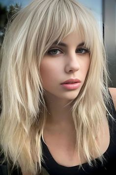 The Bardot Shag Middle Fringe Hairstyles, Middle Length Blonde Hair, Bardot Bangs Medium Hair, Medium Shag Haircuts With Bangs Fine Hair Shoulder Length, Feathered Fringe Hairstyle, Shaggy With Bangs, Shorter Bangs, Bardot Fringe, Bridget Bardot Hair