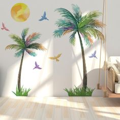 a living room with palm trees and birds on the wall