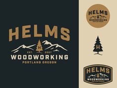 the logo for helms woodworking, portland oregon is shown in three different colors