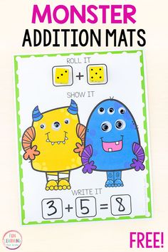 a monster addition mat with the words monster addition mats on it and an image of two monsters