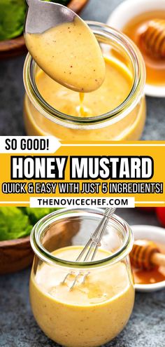 honey mustard is being drizzled in a jar with a wooden spoon to make it