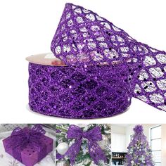 purple ribbon with bows on it and christmas tree in the background, along with pictures of presents