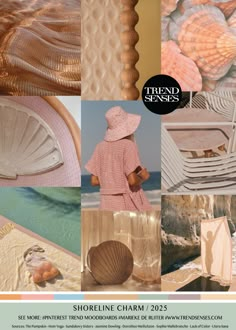 a collage of photos with shells and seashells on them, including a woman in a pink hat